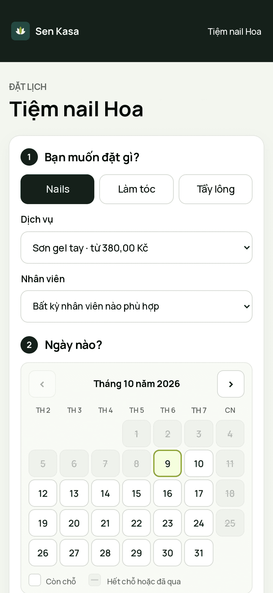 Trang đặt lịch online của Tiệm nail Hoa: chọn dịch vụ, nhân viên và ngày